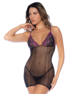 Nuisette en résille ajourée noire et violette - MAL1123BKPU